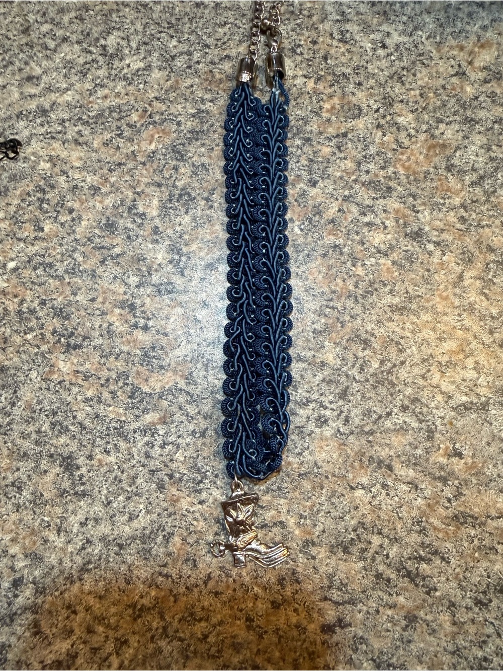 Braided Navy Ribbon Necklace with Silver Owl Charm